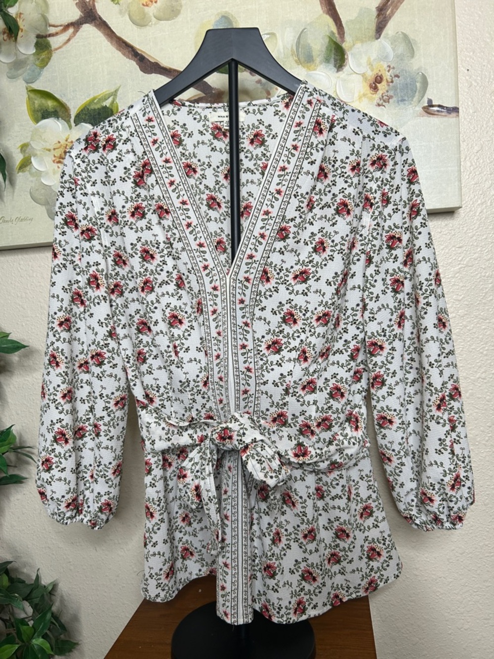 Max Studio White Floral Wrap Blouse with Red Rose Print